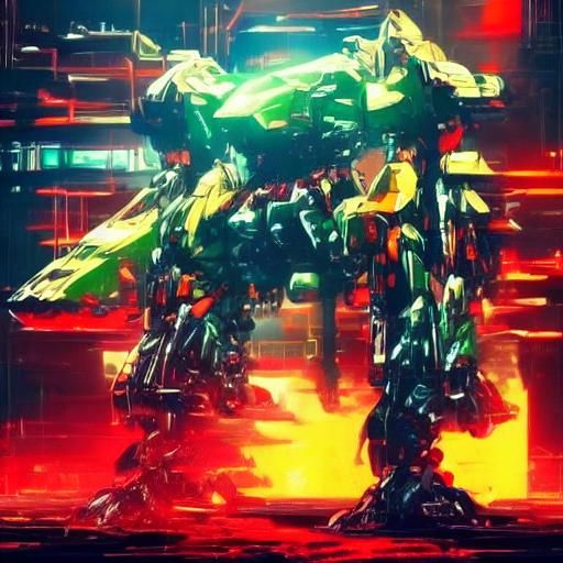 Cyberpunk Mecha Fight in Neon Factory