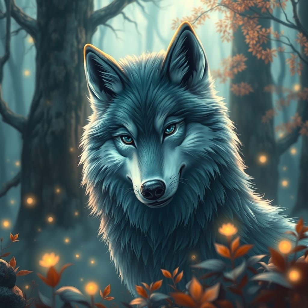 Majestic Wolf in Whimsical Fantasy Landscape