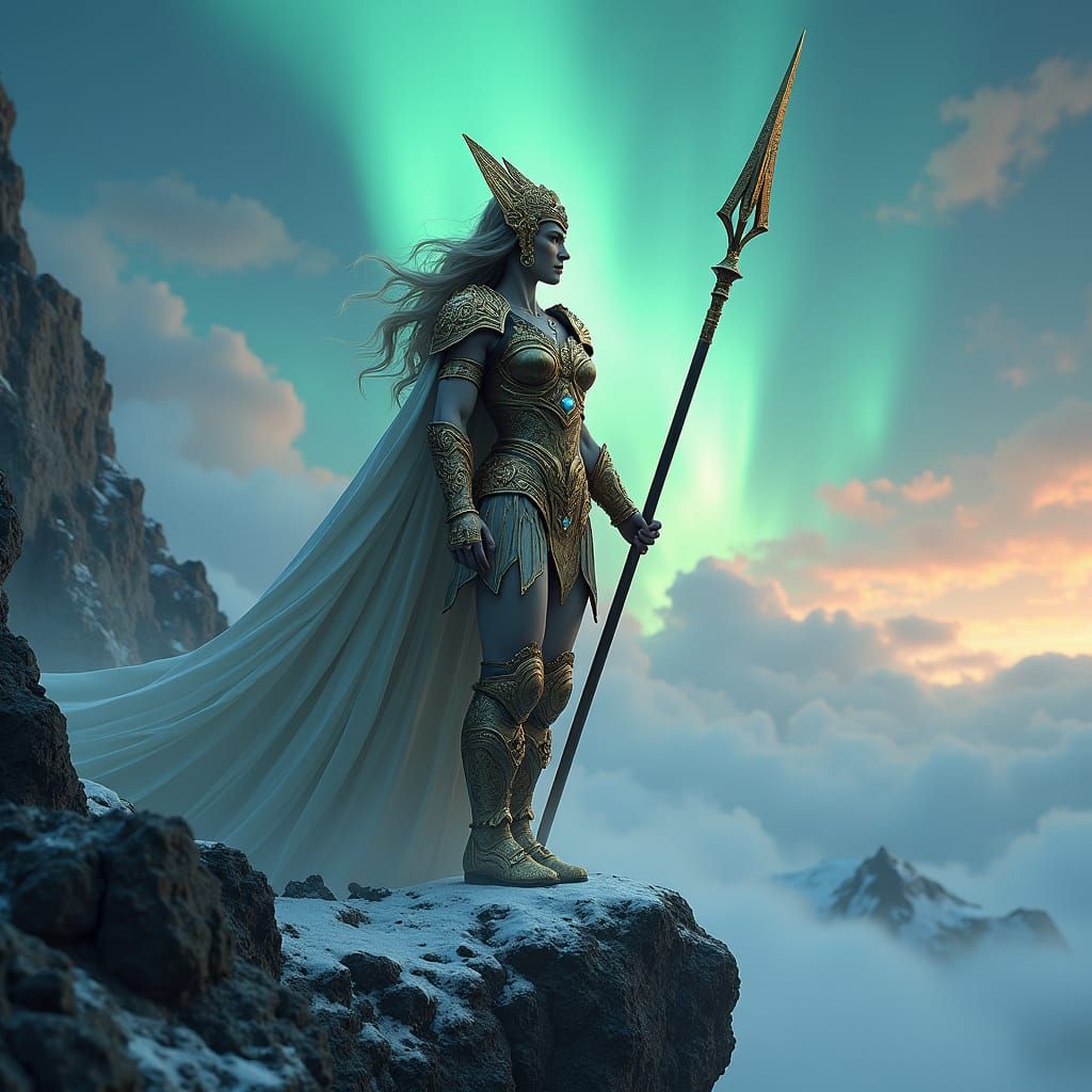 Valkyrie Warrior on Cliff with Aurora Borealis