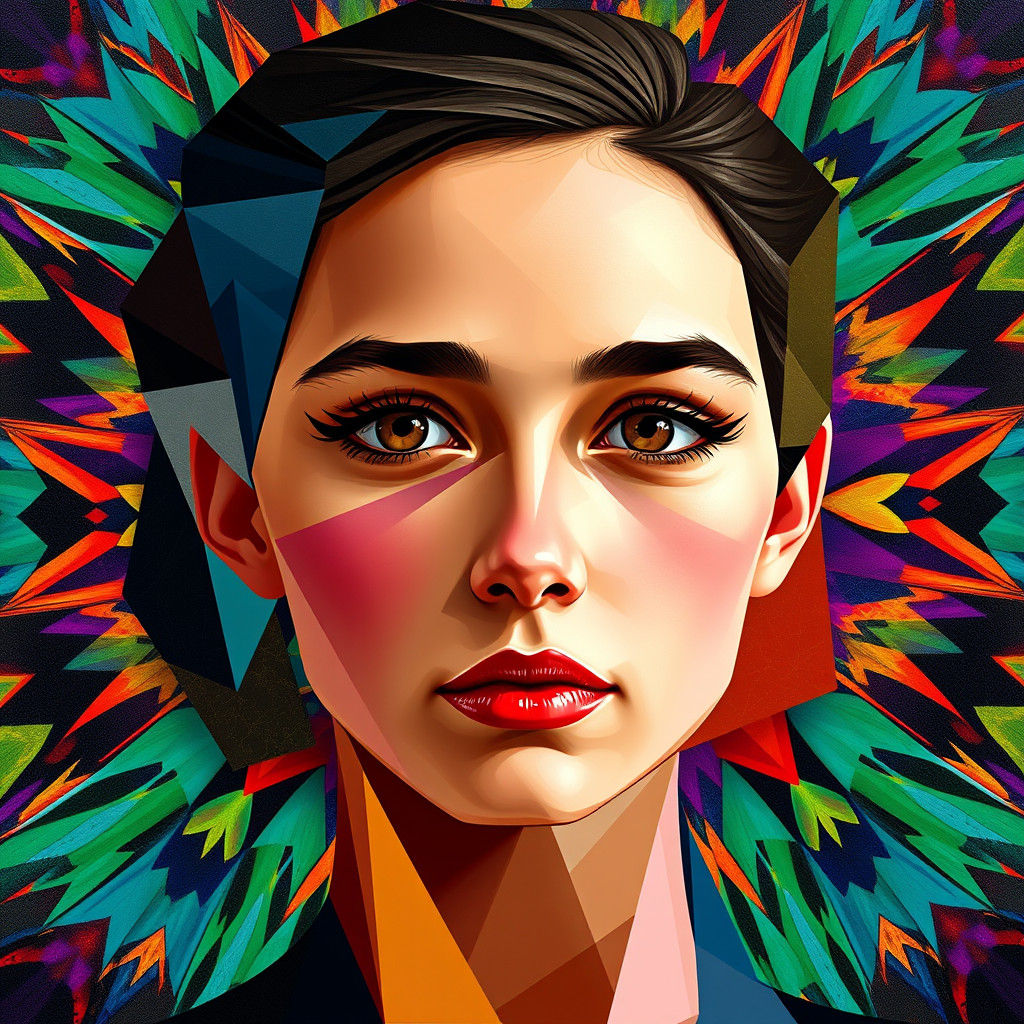 Geometric Cubist Portrait of Girl in Art Deco Style