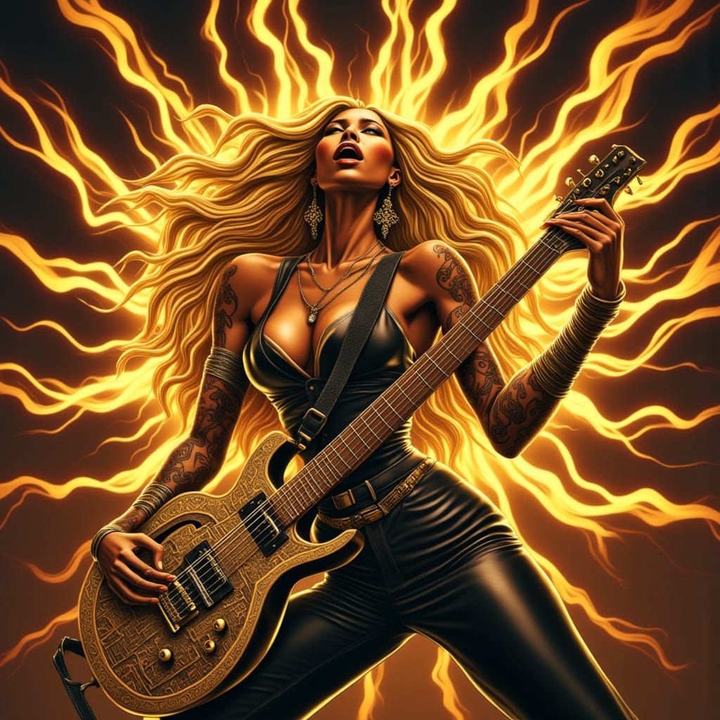 Golden-Haired Goddess Plays Arcane Guitar