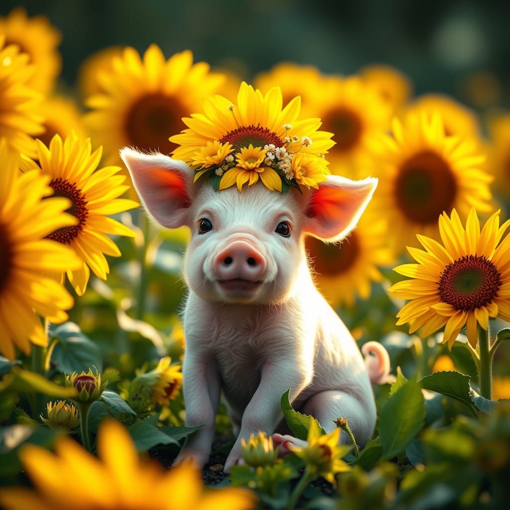 Miniature Piglet Surrounded by Sunflowers in a Whimsical Lan...