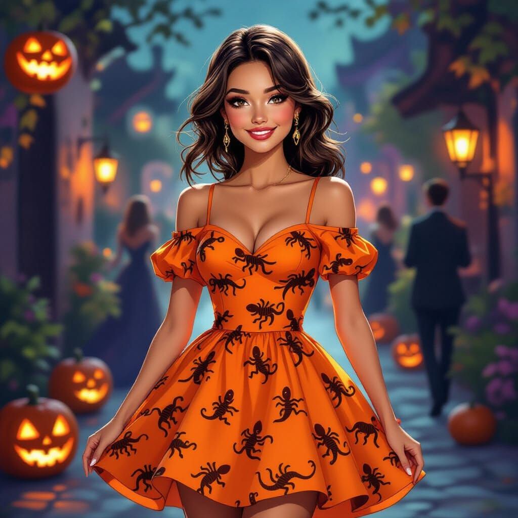 Woman in Lizard Print Halloween Dress at Festive Party