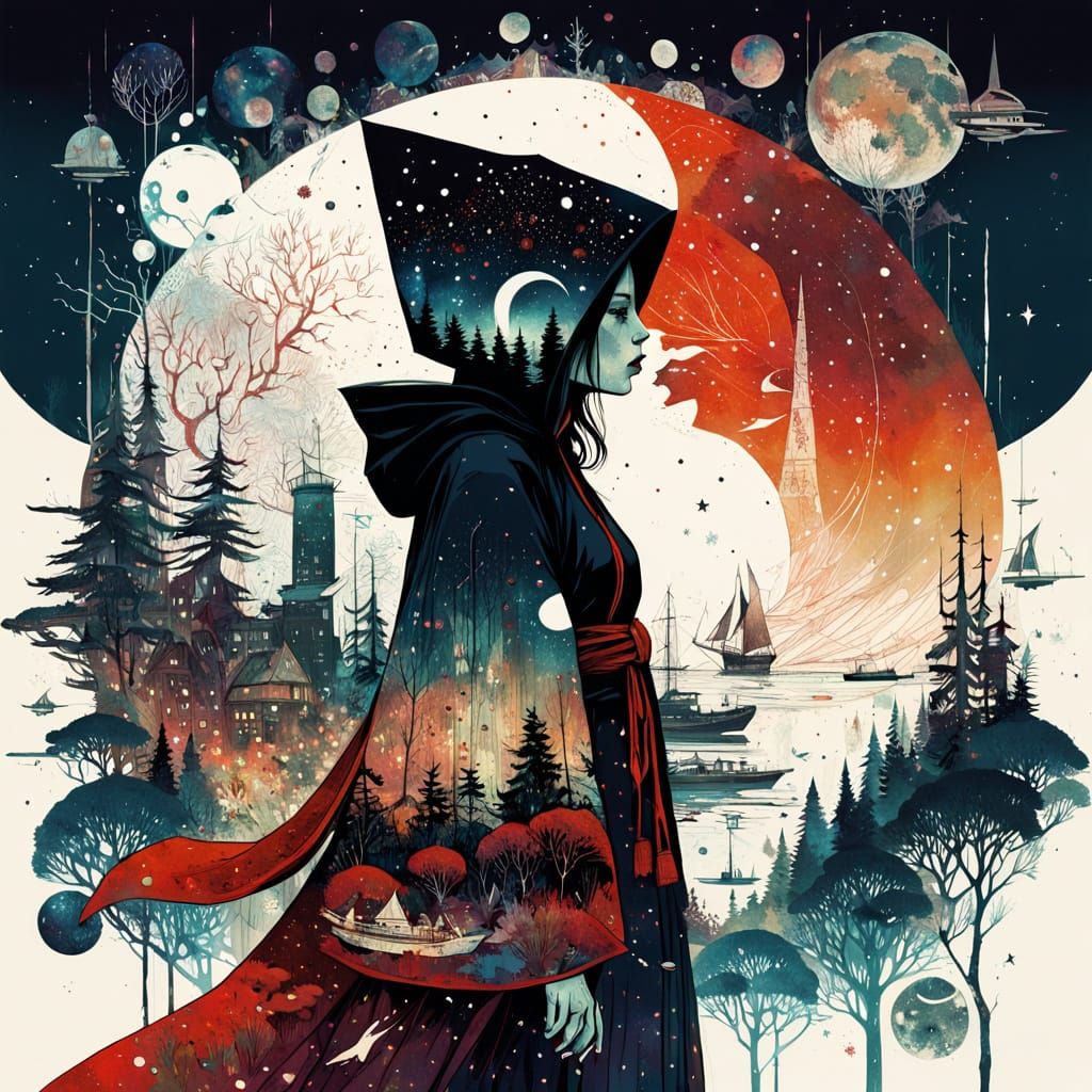 Kitsune Silhouette in Dark Alley: Pointillism Illustration