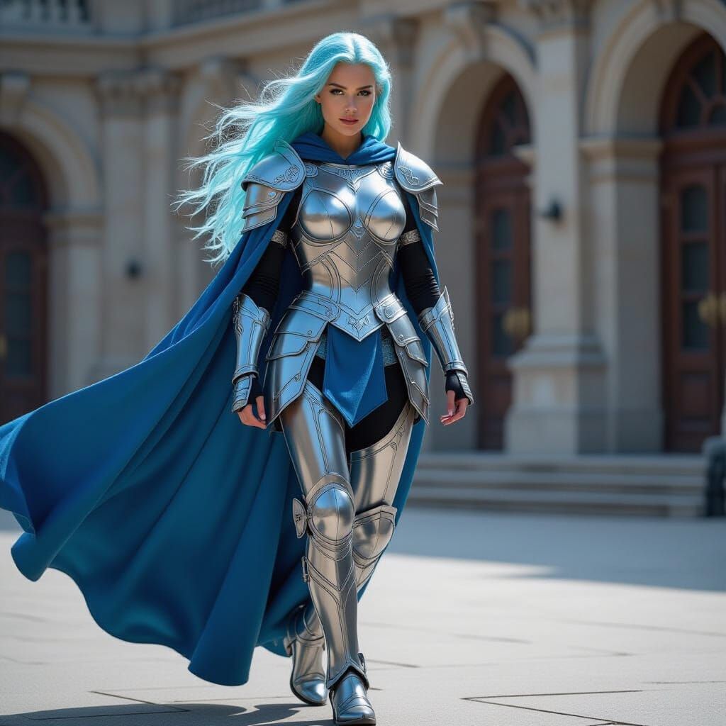 Silver Armored Woman with Blue Accents and Power Runes