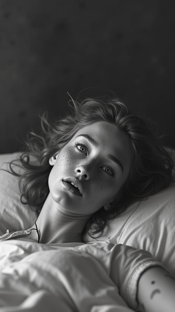 Expressive Black and White Portrait of a Freckled Blonde