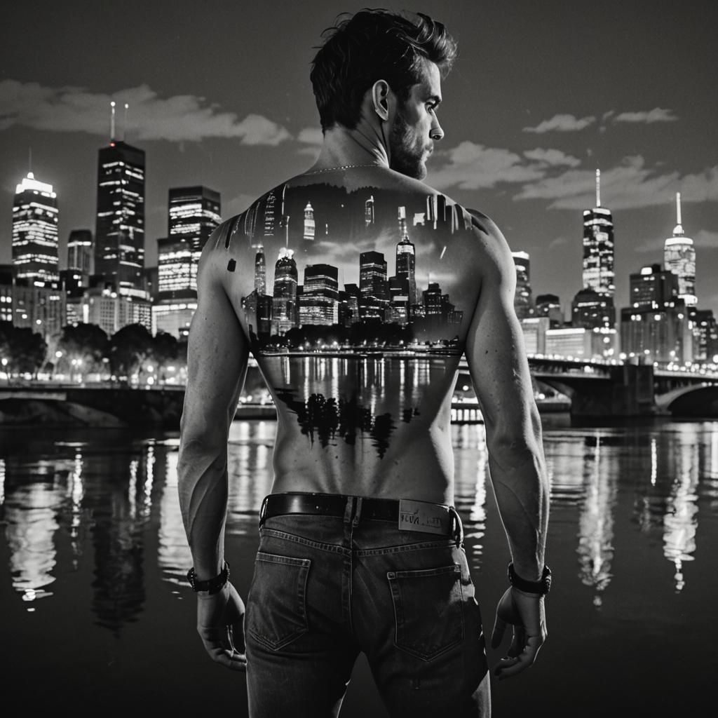 Striking Double Exposure: Cityscape and Bare-Chested Man