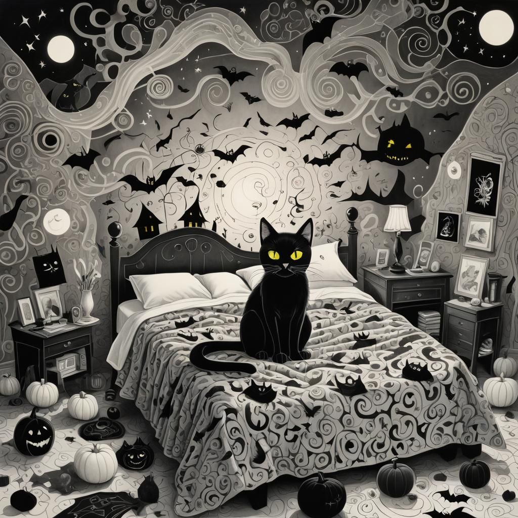 Surreal Halloween Cat Drawing in Rayograph Style