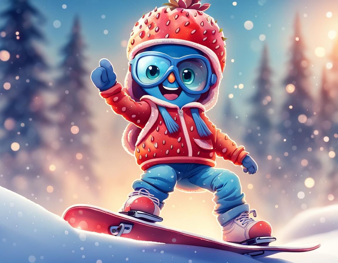 Strawberry Snowboarder Cartoon in Watercolor Style