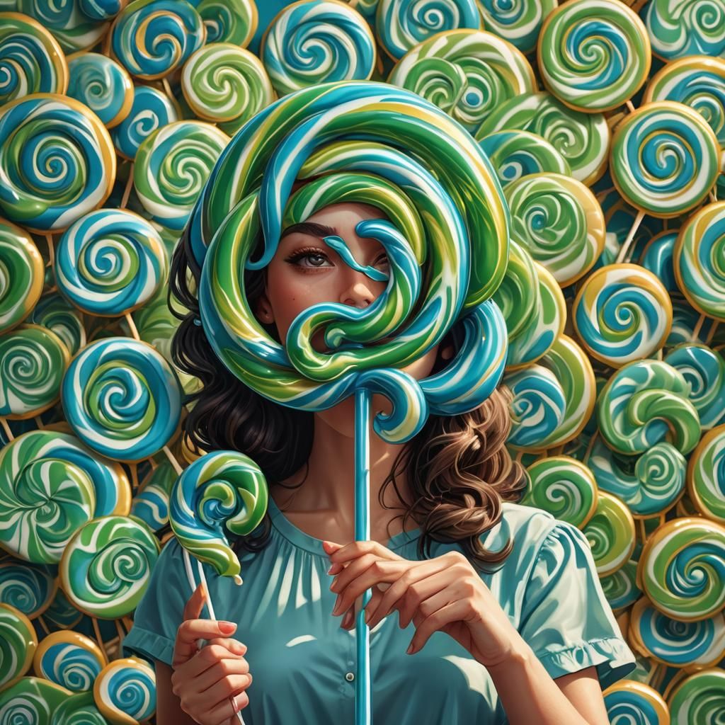 Woman with Gigantic Lollipop in Candy Art Style