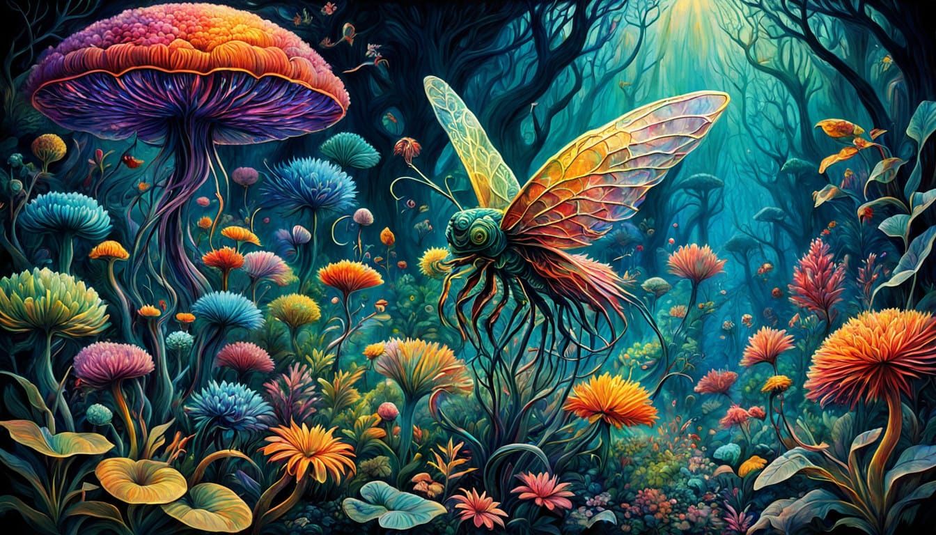 Surreal Dreamscapes of Luminous Gardeners in Vibrant Psyched...