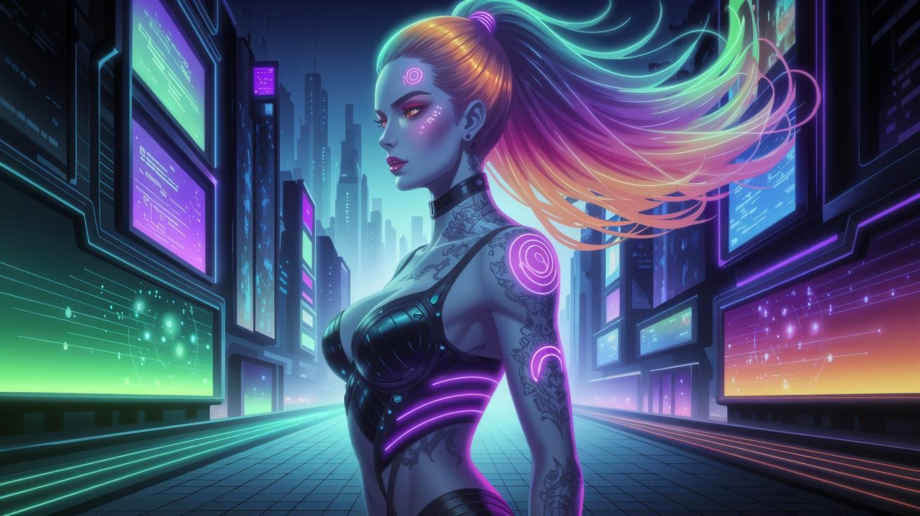 Neon Cyberpunk Goddess Portrait in Art Deco Style