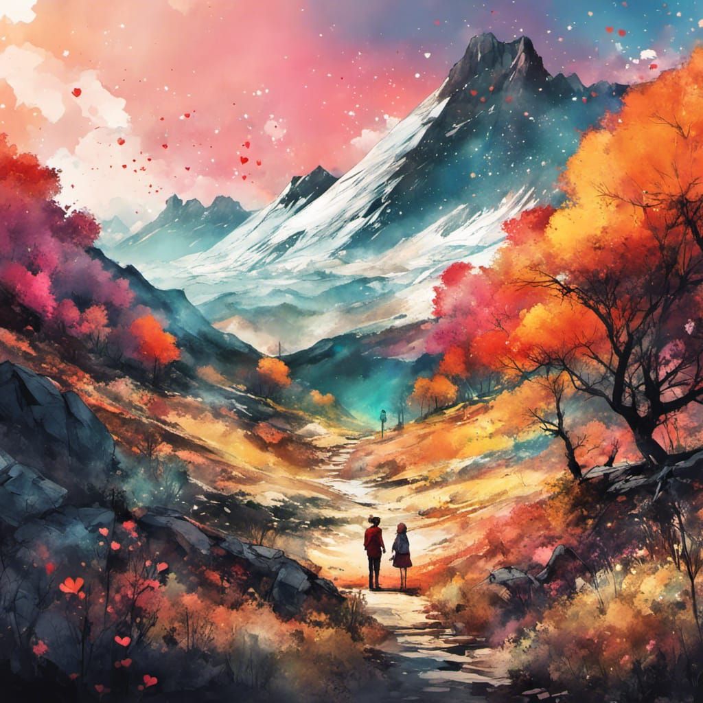 Anime Landscape: Mountains in Love, Watercolor Art