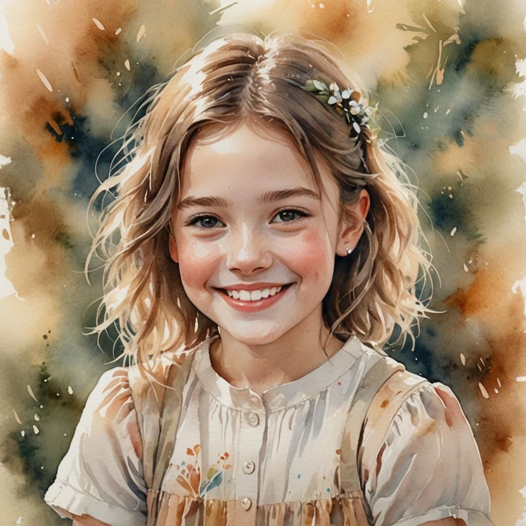 Watercolor Portrait of a Smiling Young Girl