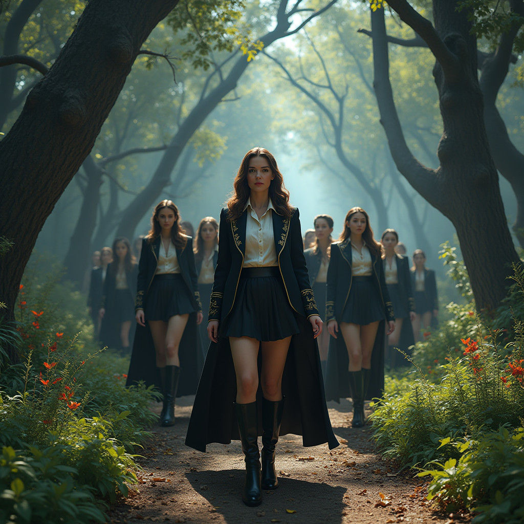 Regal Women's Procession in Mystical Forest