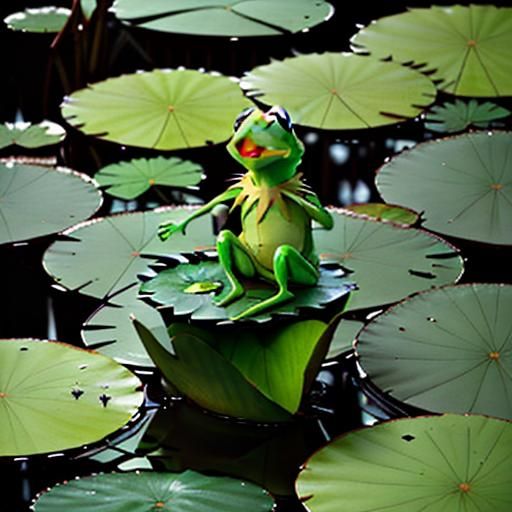 Kermit the frog perched upon a water lily in a serene pond, ...