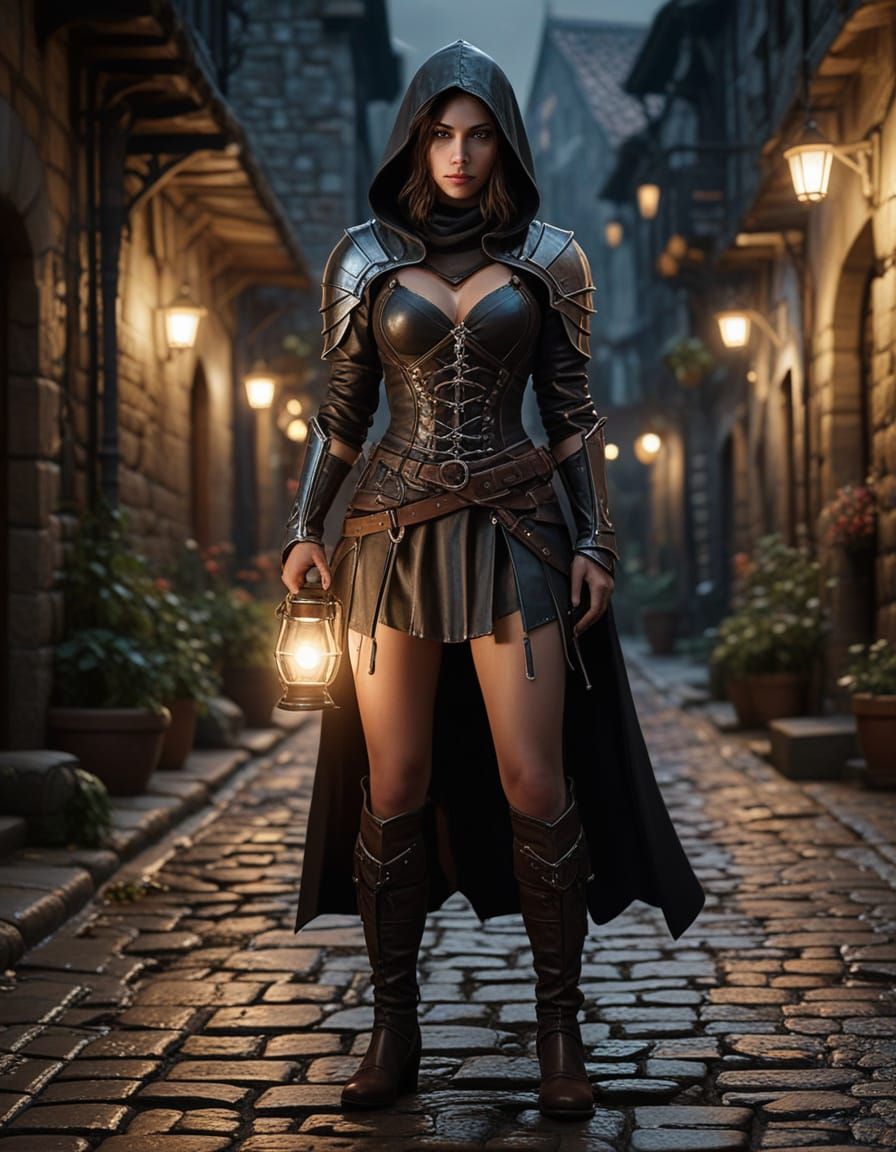 Female Rogue in Dark Leather Armor, Medieval Fantasy Portrai...