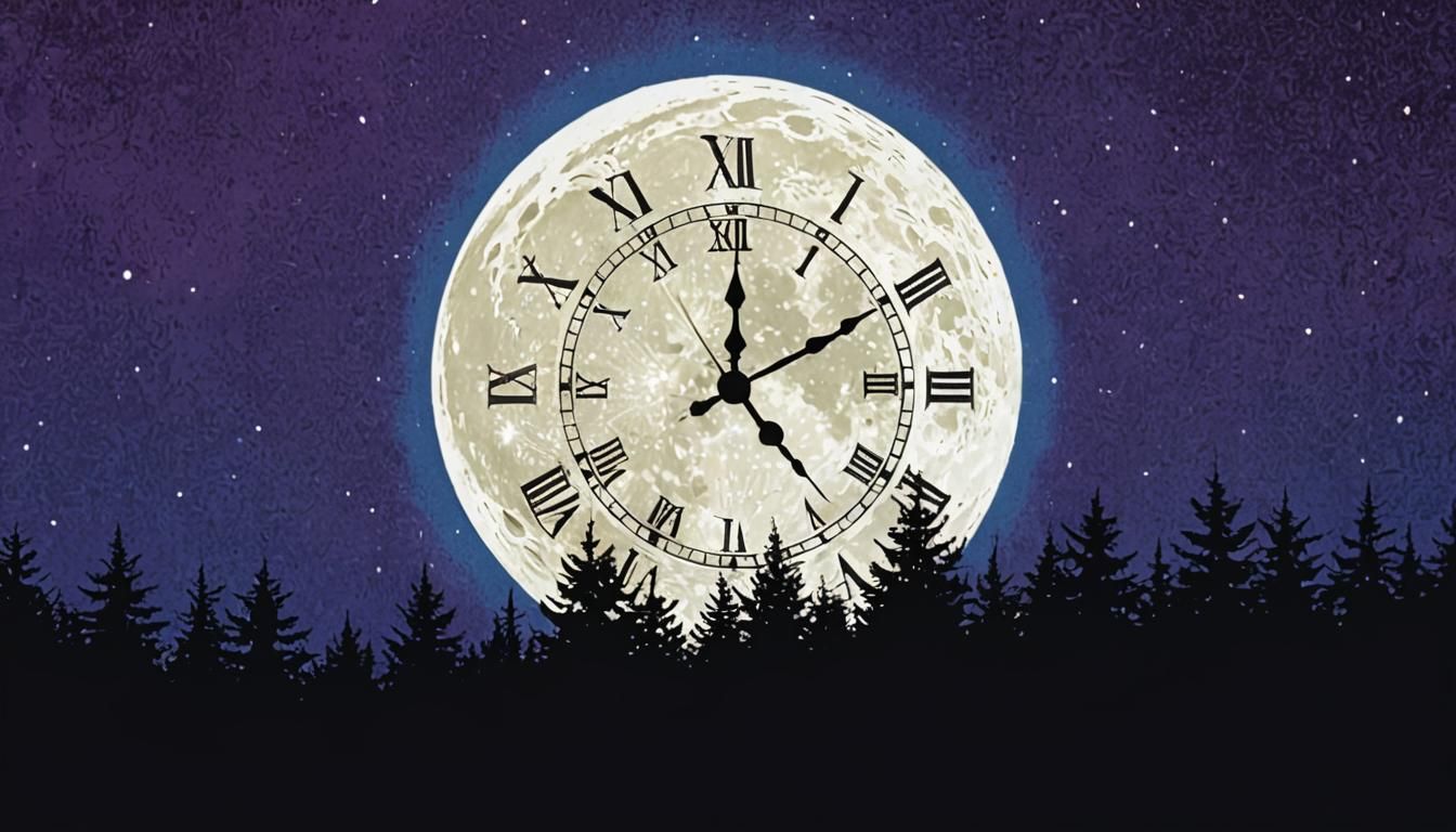 Clock and Moon Ink Poster Over Forest