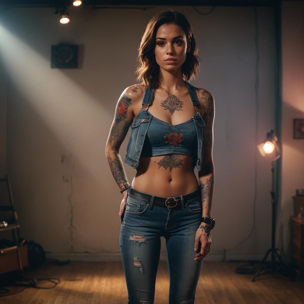 Tattooed Brunette Model in Denim Bra: Cinematic Portrait
