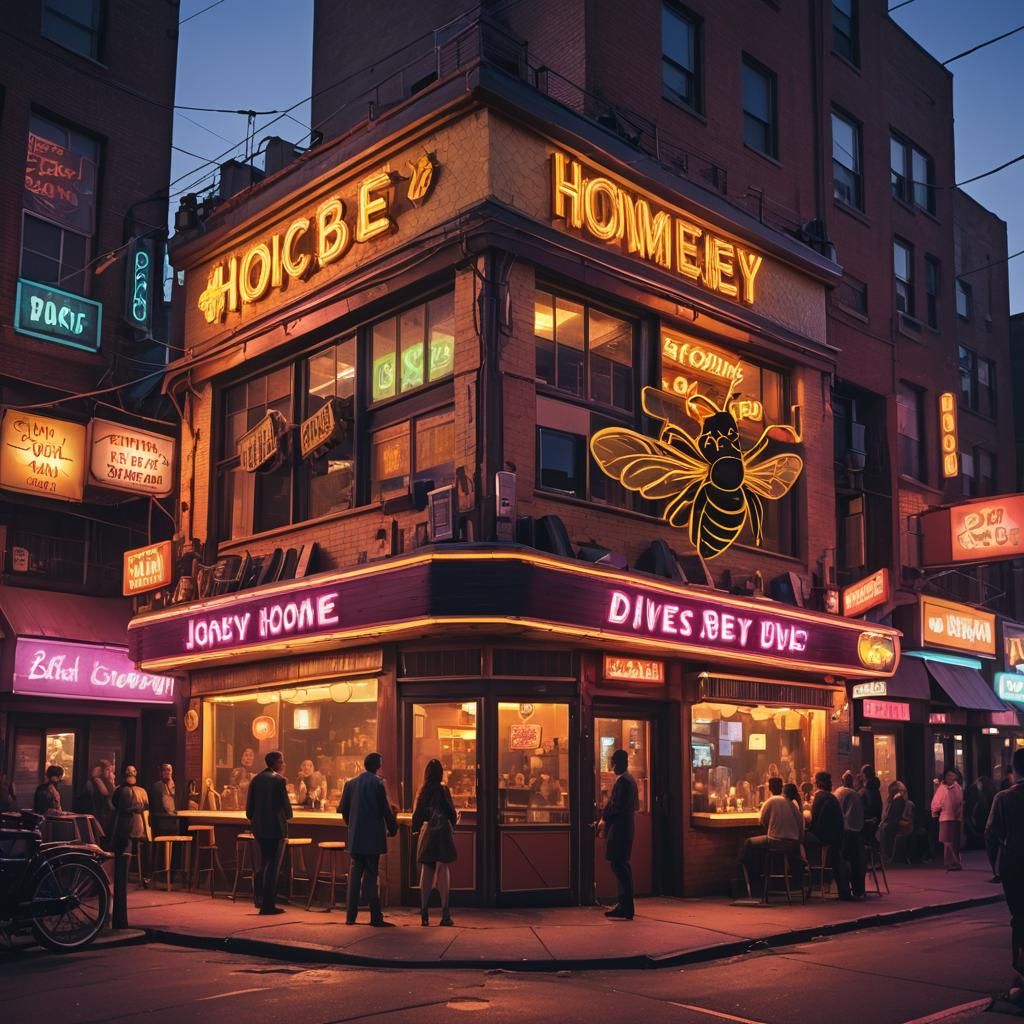 Retro-Futuristic Honey Bee Dive Bar in Cityscape