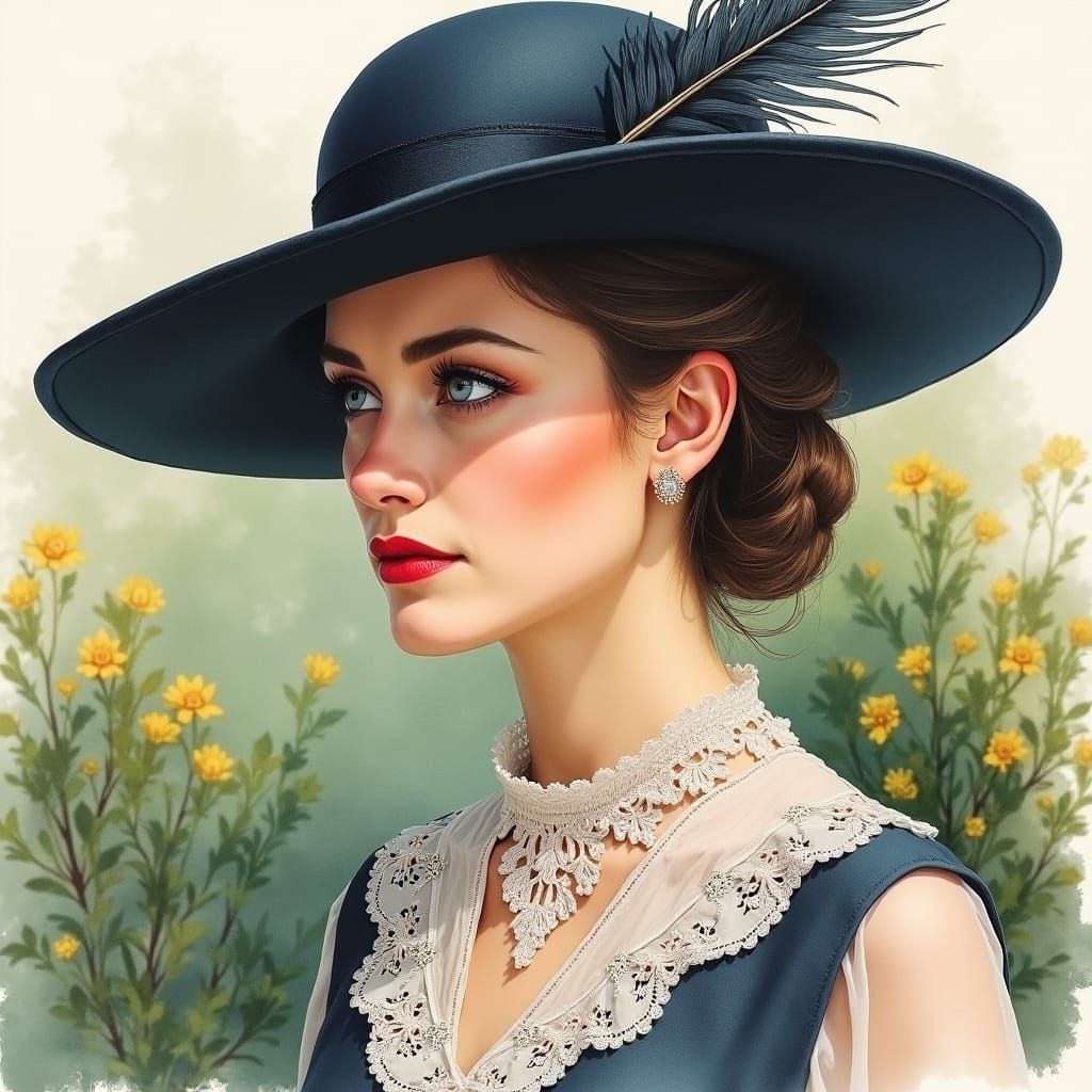 Elegant Woman in Watercolour Garden Setting