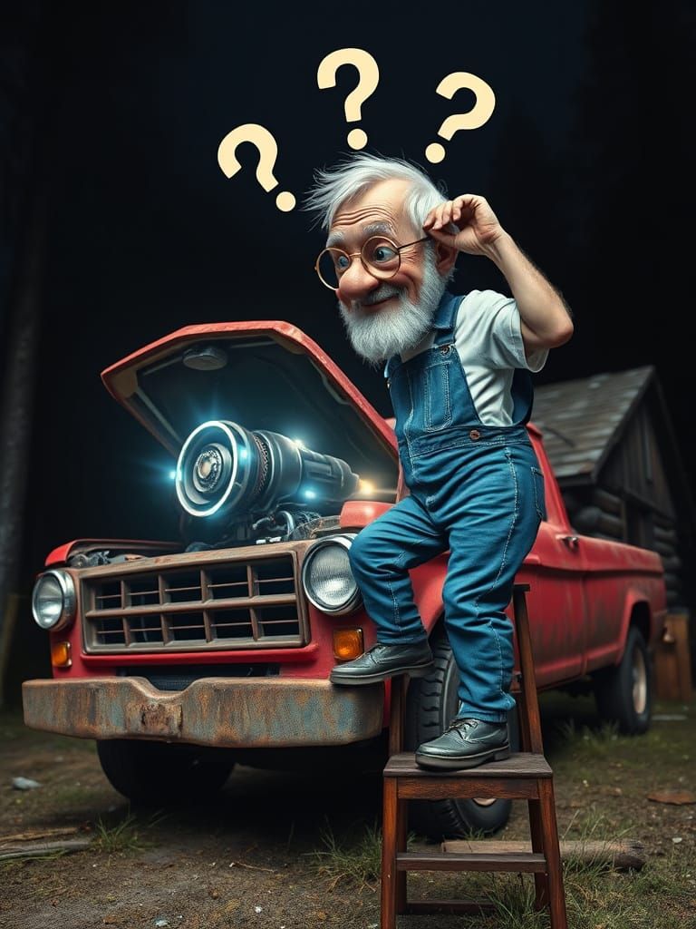 Elderly Man Confused by Alien Engine in Truck