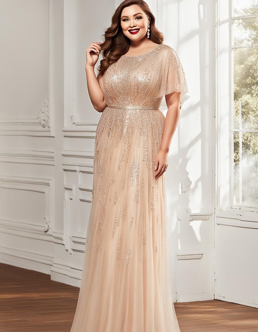Elegant Plus Size Sequined Tulle Evening Dress
