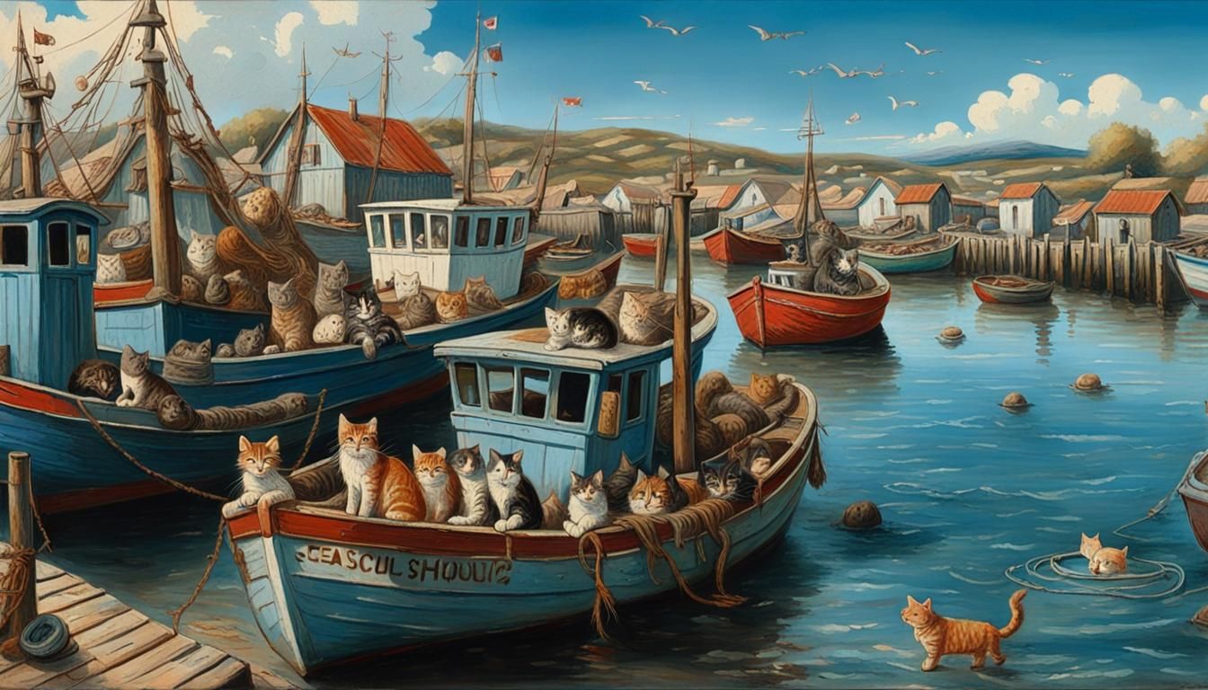 Cats Awaiting Fishermen by Boats in Earthy Tones