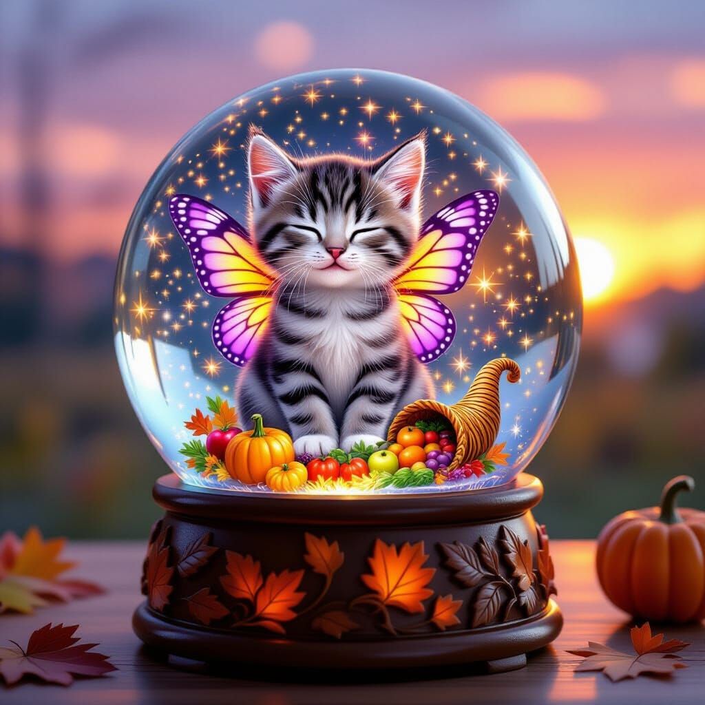 Kitten in Snow Globe with Butterfly Wings and Autumn Cornuco...