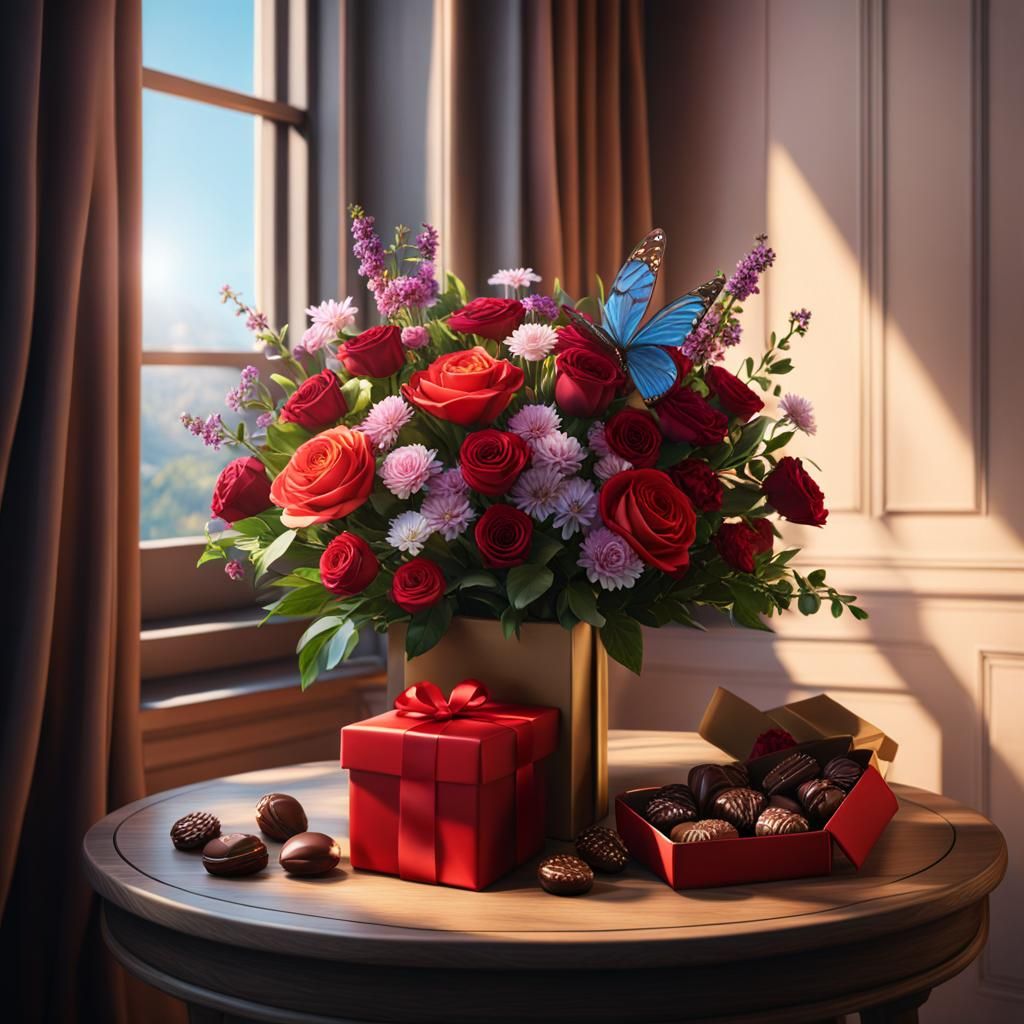 Wrapped Gift and Flowers on Sunny Morning