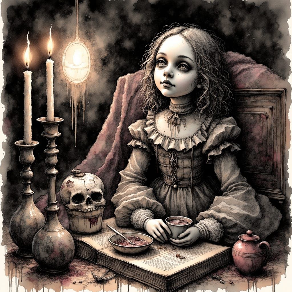 Creepy Porcelain Doll in Horror Comic Style