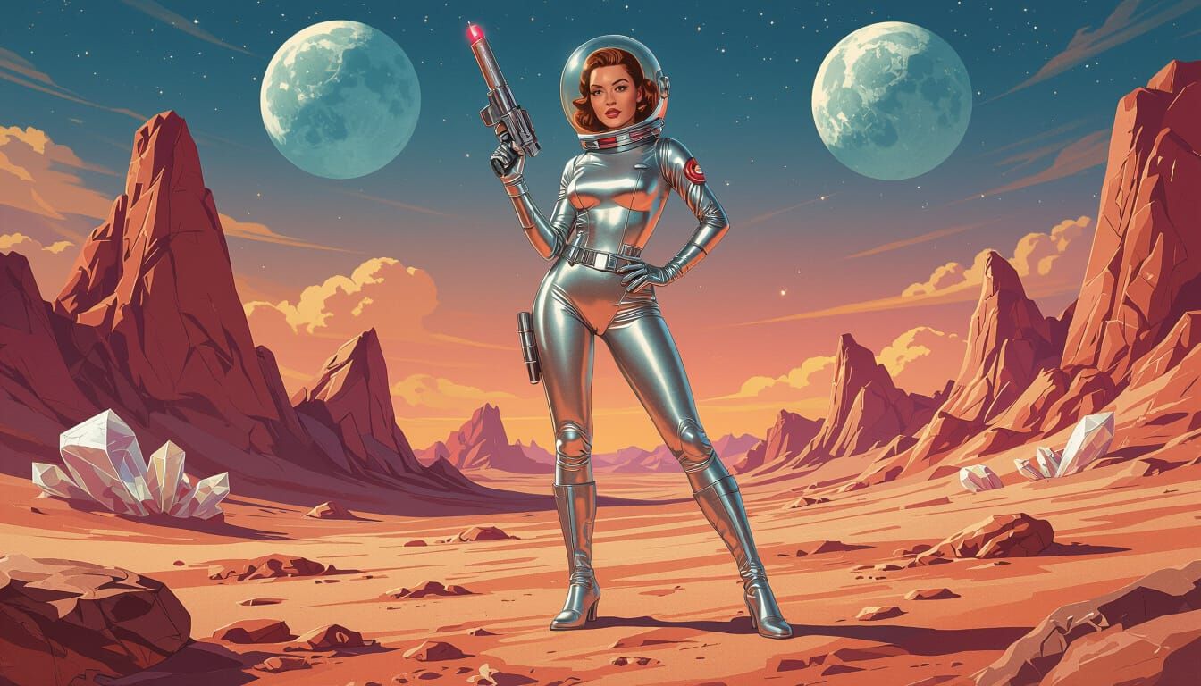 Retro Pinup Explorer on Alien Planet with Two Moons