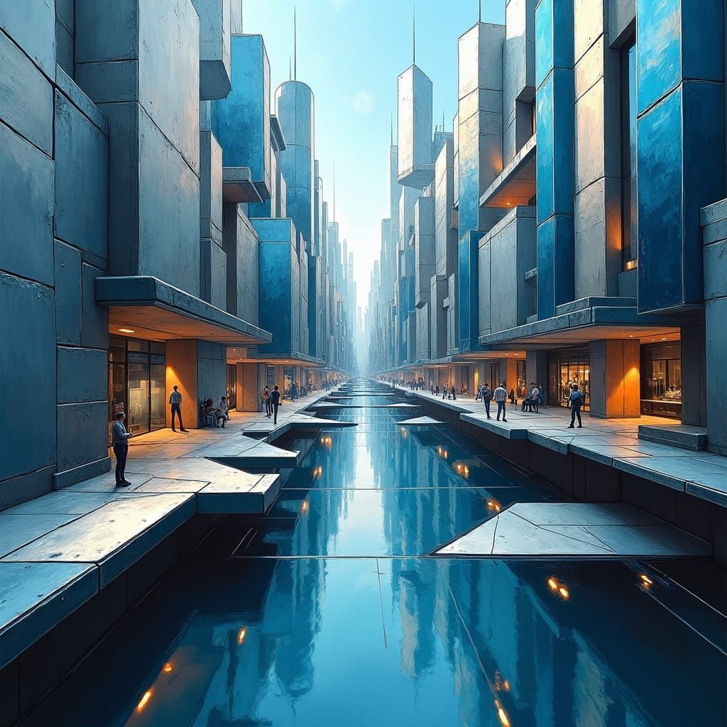 Abstract Cubist Cityscape with Geometric Forms