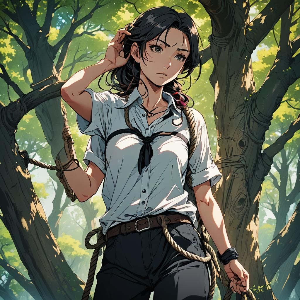 Anime Style Woman Hanging from Tree