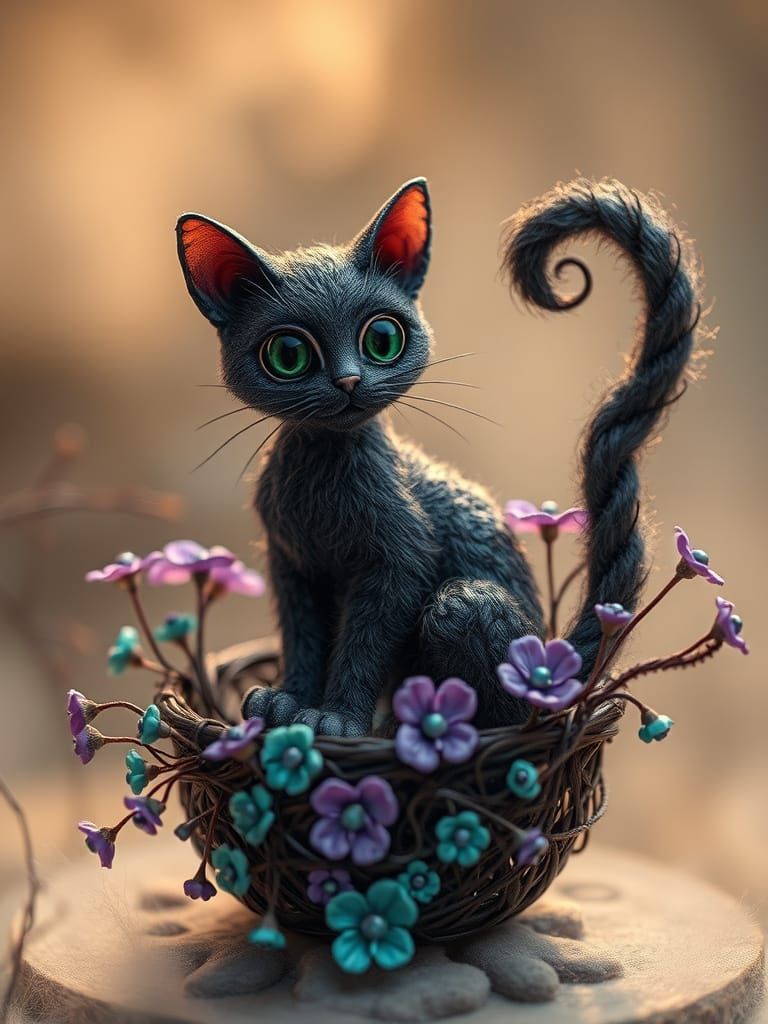 A miniature wire sculpture of a cat sitting inside a bonsai-...