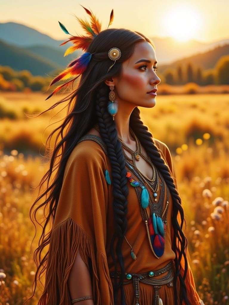 Native American Woman in Sunlit Meadow