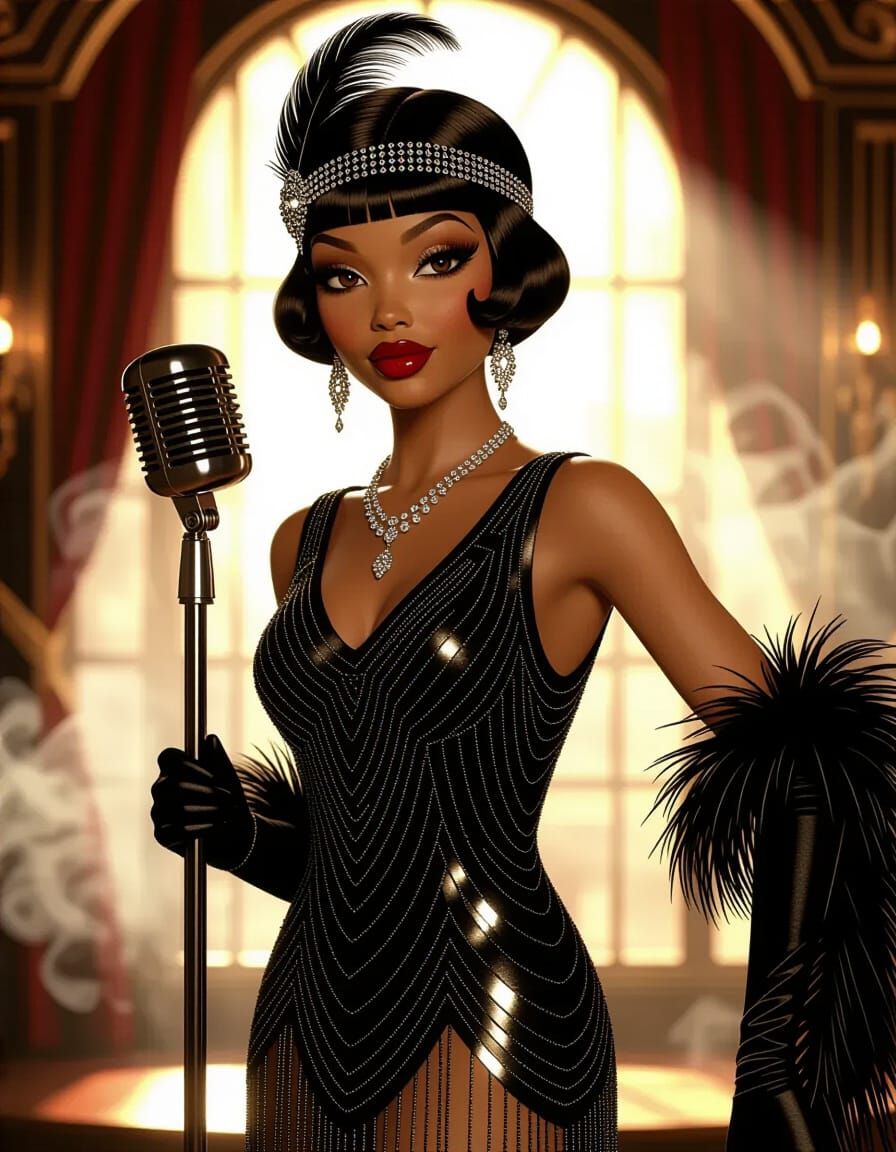 A beautiful lounge singer performing in an underground 1920’s Jazz Age speakeasy