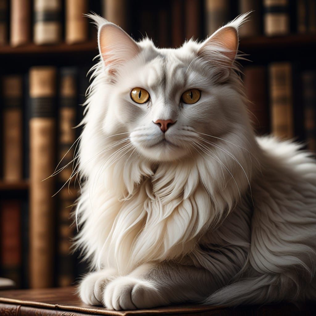 Majestic Angora Cat in Sunlit Library with Leather-Bound Boo...
