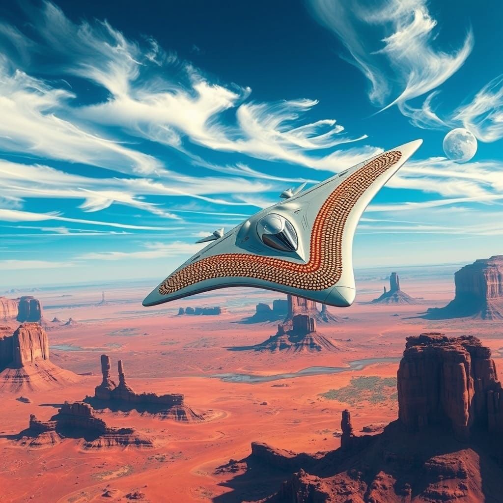 V-Shaped Boomerang Spaceship in Aboriginal Dot Art Soars Ove...