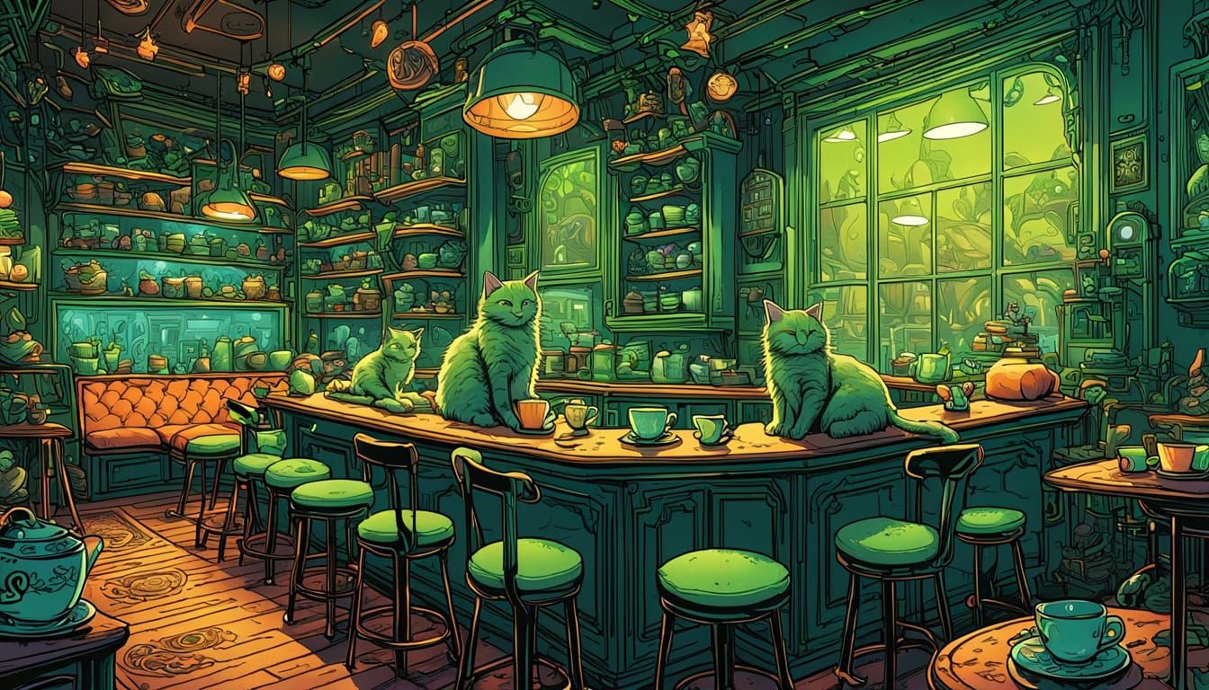 Dreamlike Neon Cat Café in Comic Book Style