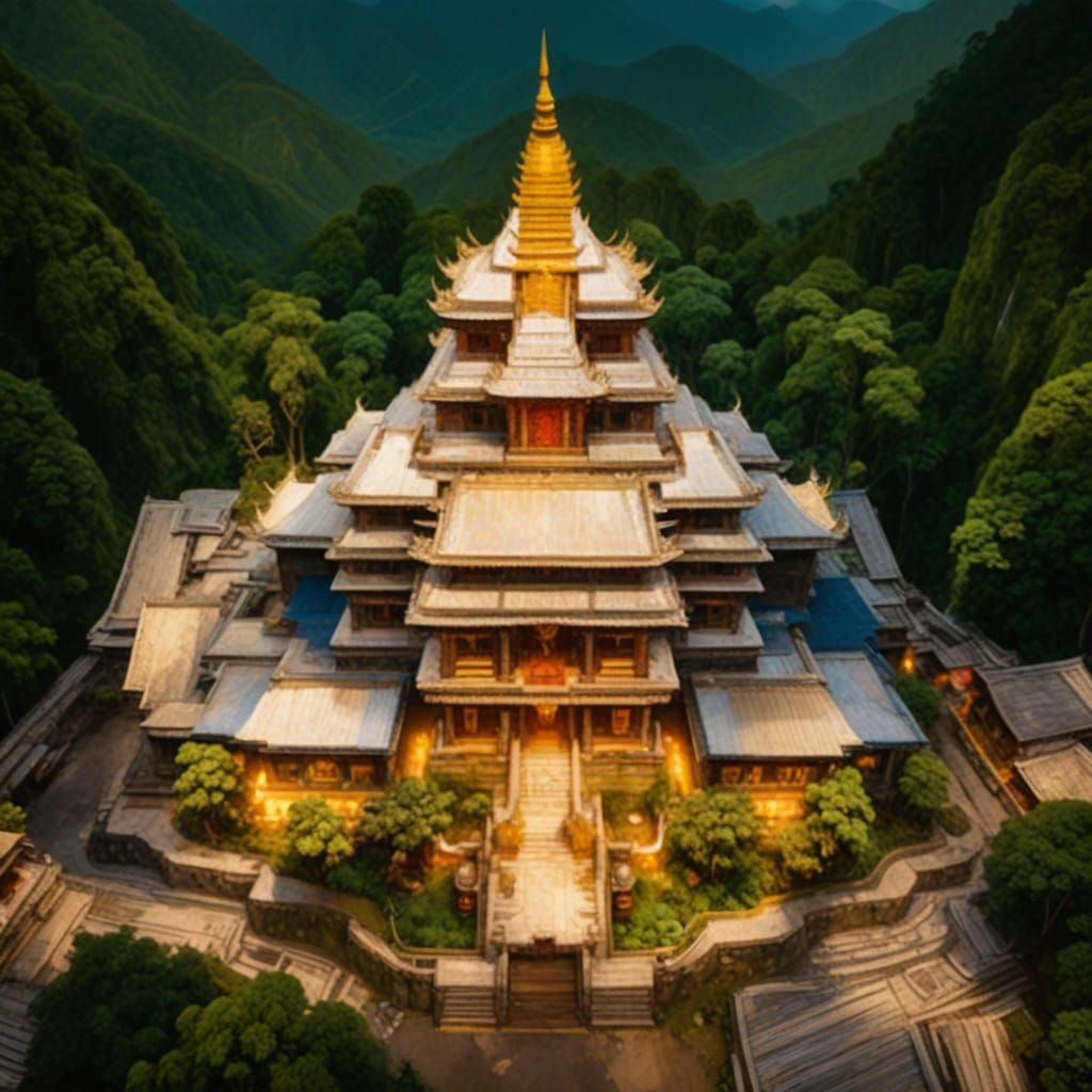 Tibetan Temple in Exotic Rainforest Landscape