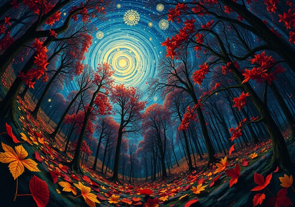 Hallucinatory Stars Seen Through Autumn Forest, Chagall Styl...