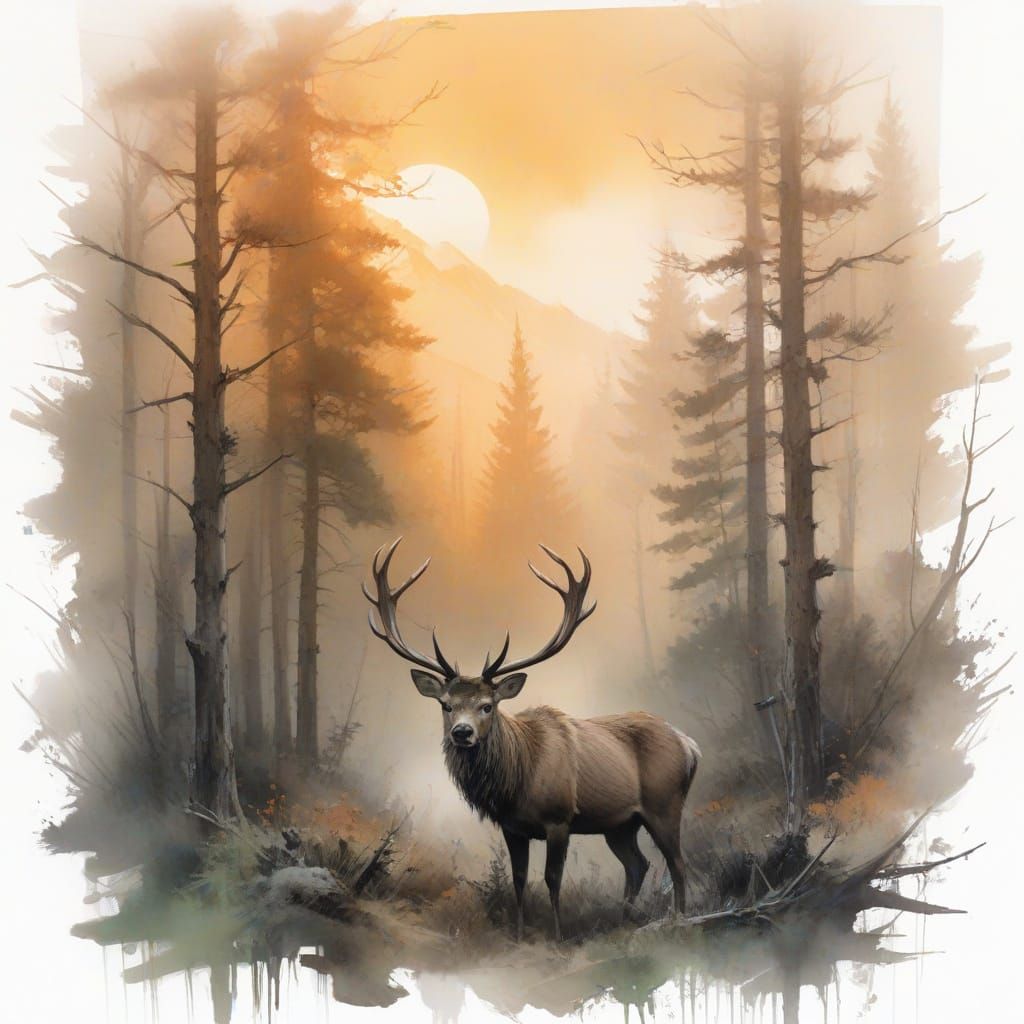 Ethereal Stag in Misty Pine Forest