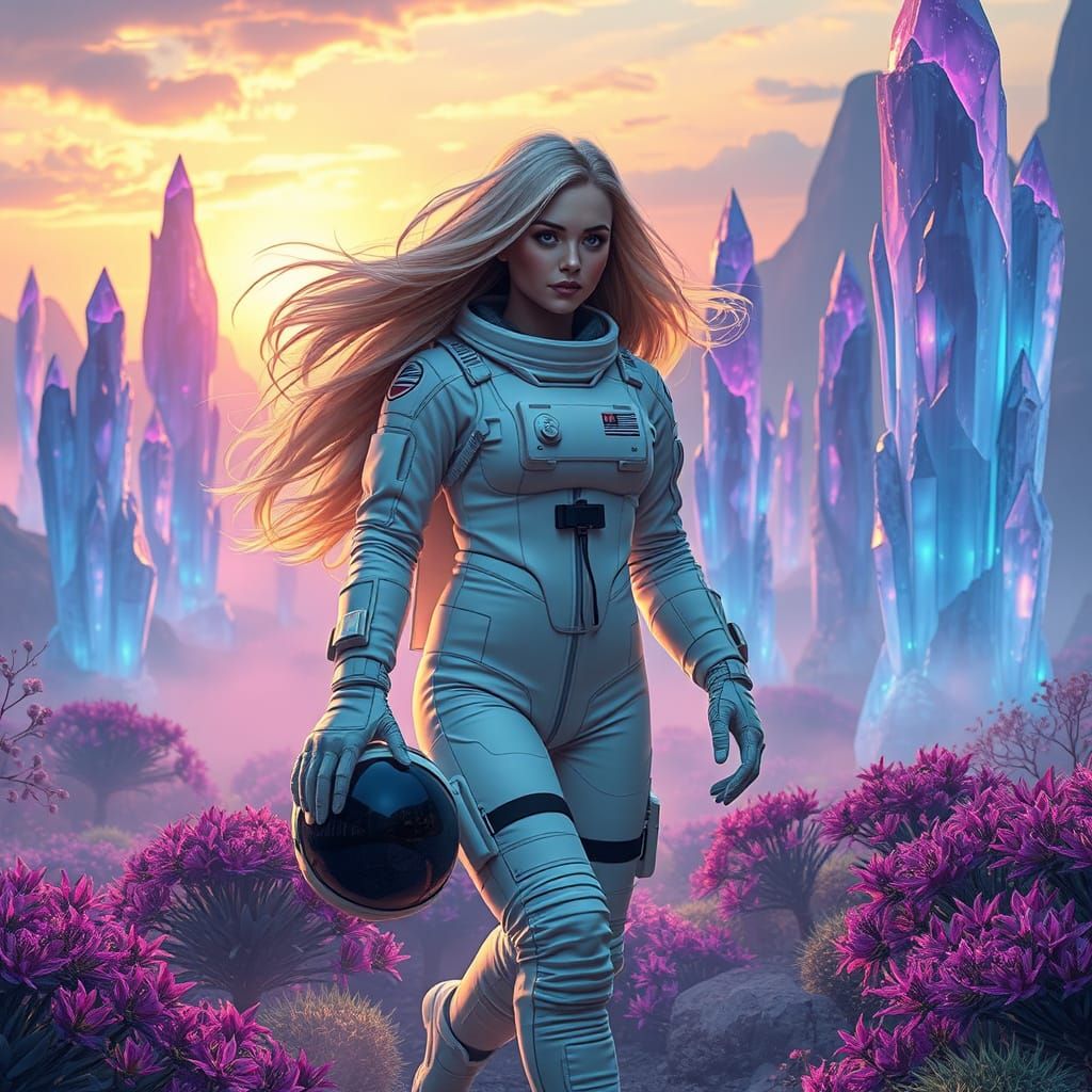 Romanticized Astronaut in Vibrant Alien Dreamscape