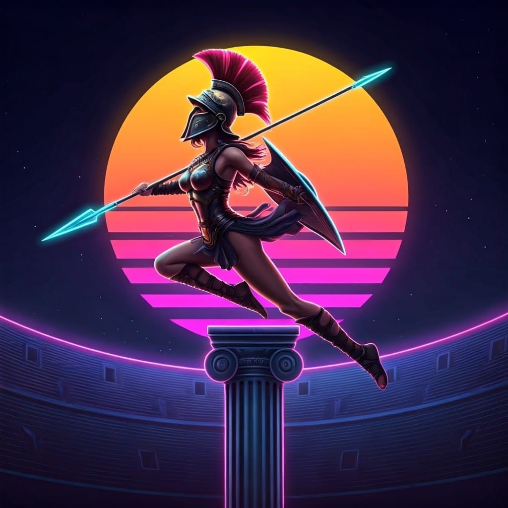 Female Gladiator Leaping with Neon Spear in Synthwave Style