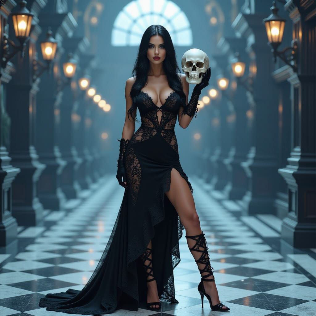 Gothic Woman with Skull in Macabre Setting