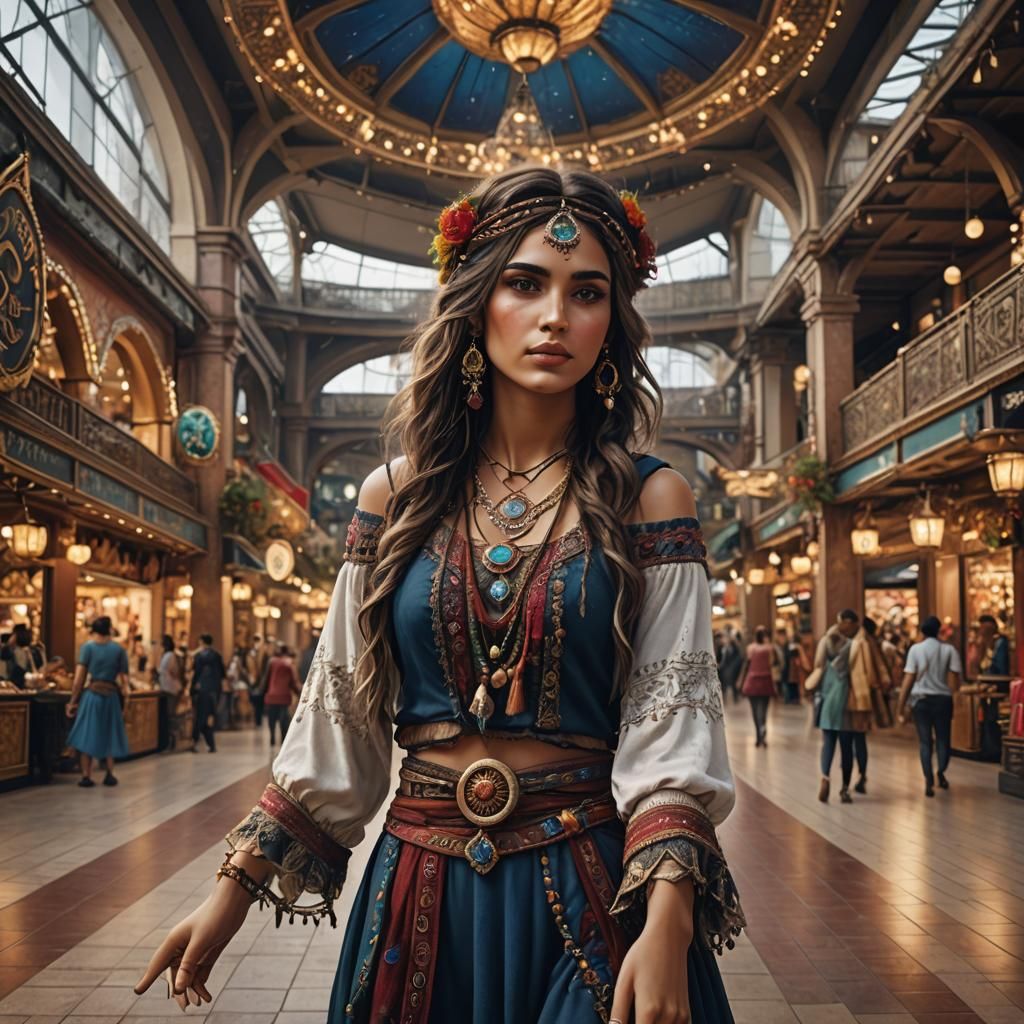 Gypsy Girl at a Shopping Mall in Detailed Digital Painting