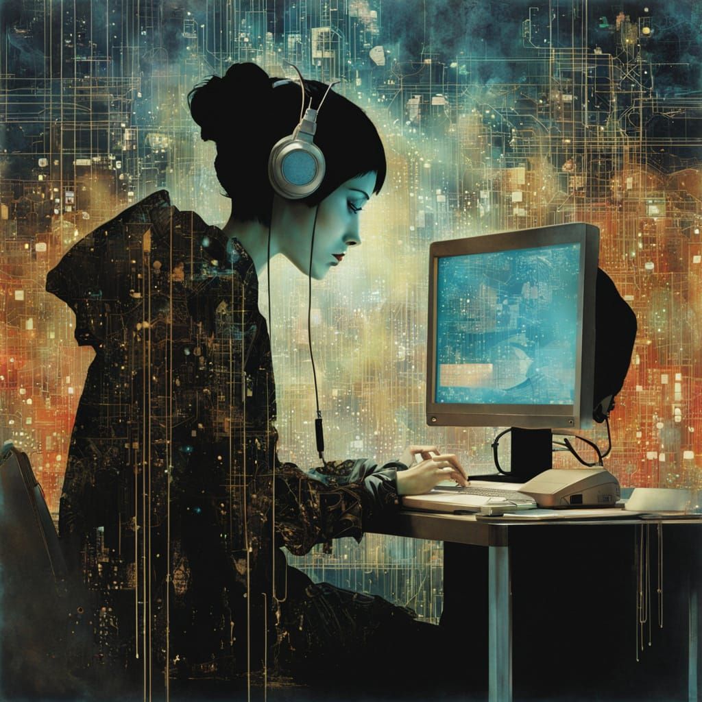 Futuristic Hacker in a Glowing Hologram, Mixed Media Art