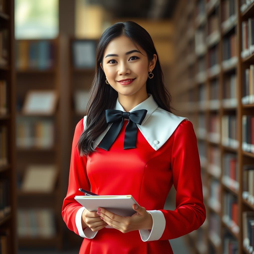 Young Woman in Red Dress in Library, Professional Photograph...