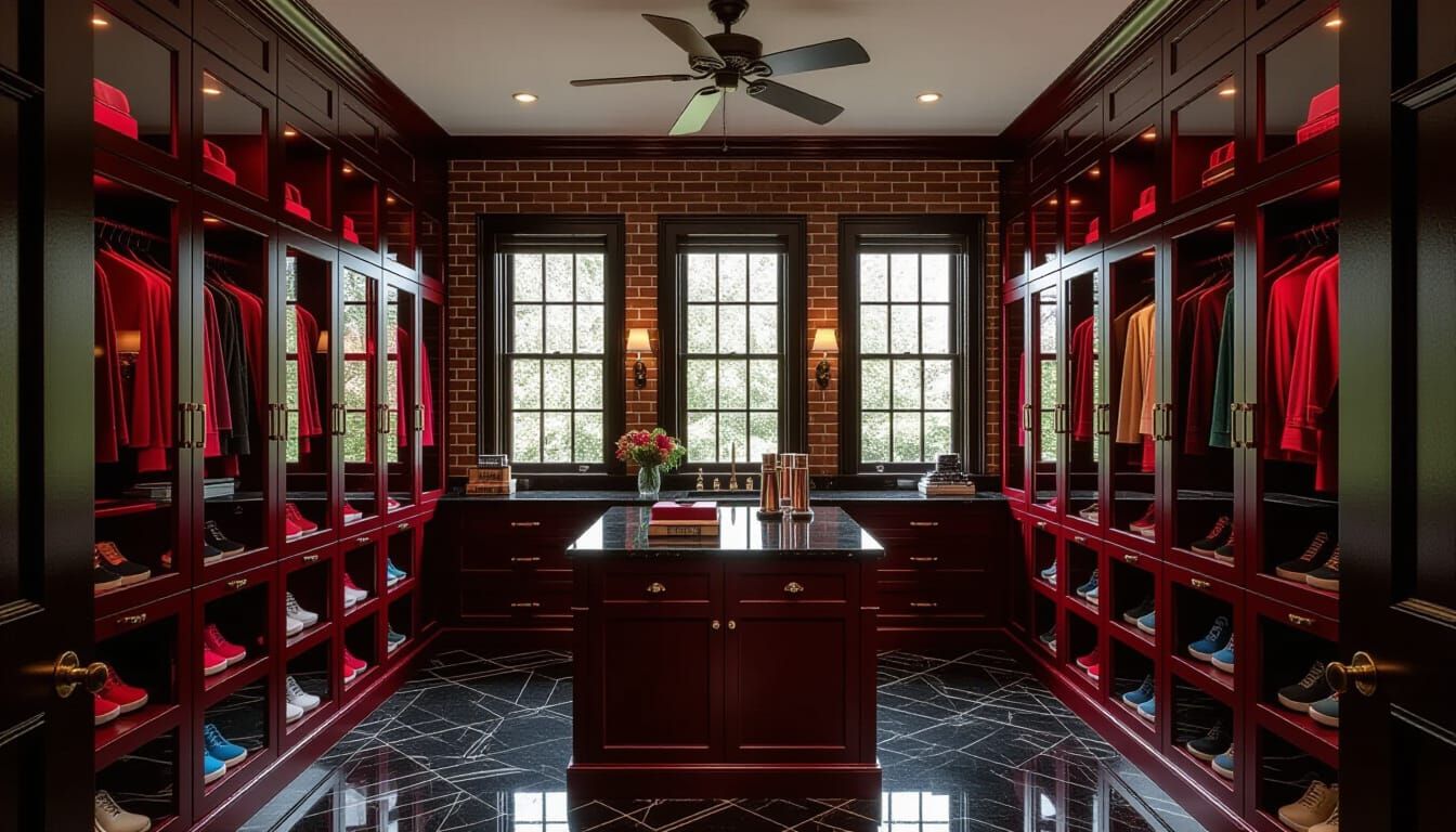 Victorian Walk-In Closet with Brick Wallpaper and Marble Flo...